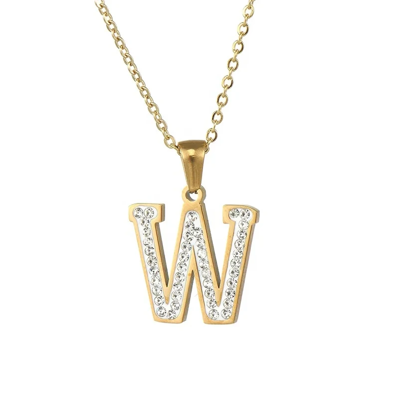 New Letter W Necklace Women's Necklace Wholesale Complete Stainless Steel Gold Plated Big 26 Diamond Letter Necklace Zircon 1