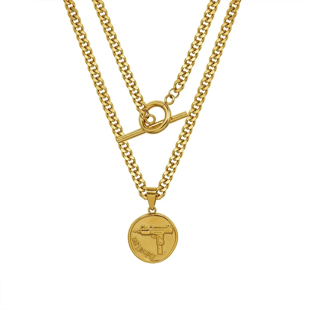 Double Layer Necklace Coin Pendant Ot Buckle Necklace 316l Titanium Stainless Steel 18k Gold Jewelry For Girls 1