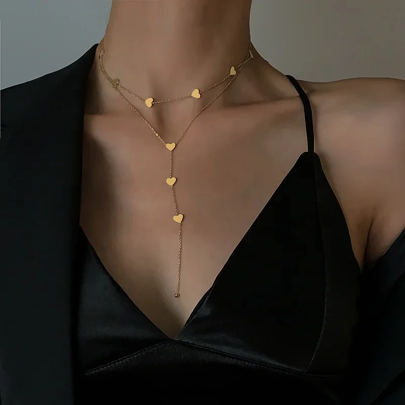 Simple Fashion Jewelry Double Layer Long Tassel Chain Chocker Gold Love Heart Women Necklace 1