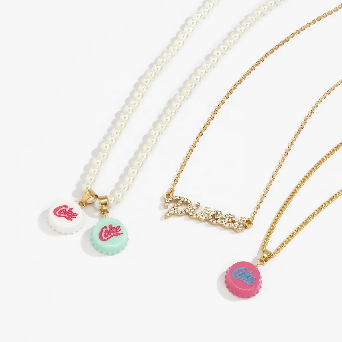 Sweet Cool Pearl Initial Letter Pendant Stackable Necklace Full Diamond Necklaces Set 1