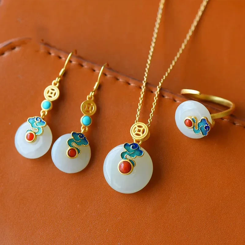 Retro 18k Gold Plated Enamel Cloud Inlaid Hetian Jade Hoop Earrings Necklace Ring Jewelry Set 1
