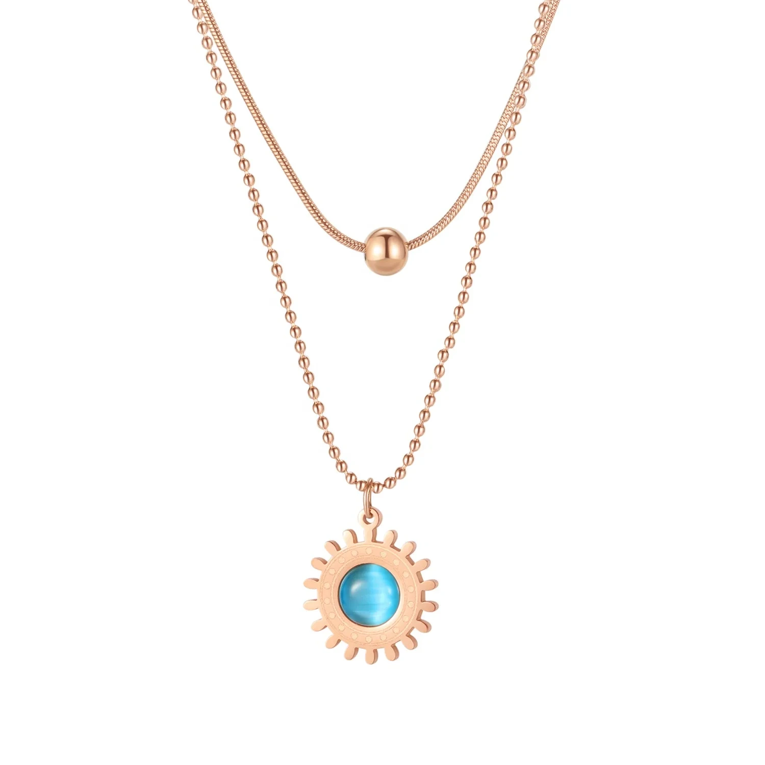 Birthstone Pendant Necklace Bohemian Style Jewelry Sunflower Stainless Steel Bead Clavicle Chain Two Layers Necklace 1