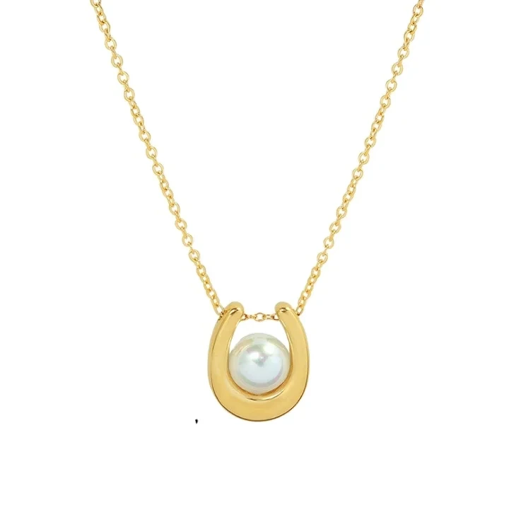 Trendy 18k Real Gold Plated Ins 316l Stainless Steel Geometric U Shape Pendant Necklace French Elegant Inlaid Pearl Necklace 1