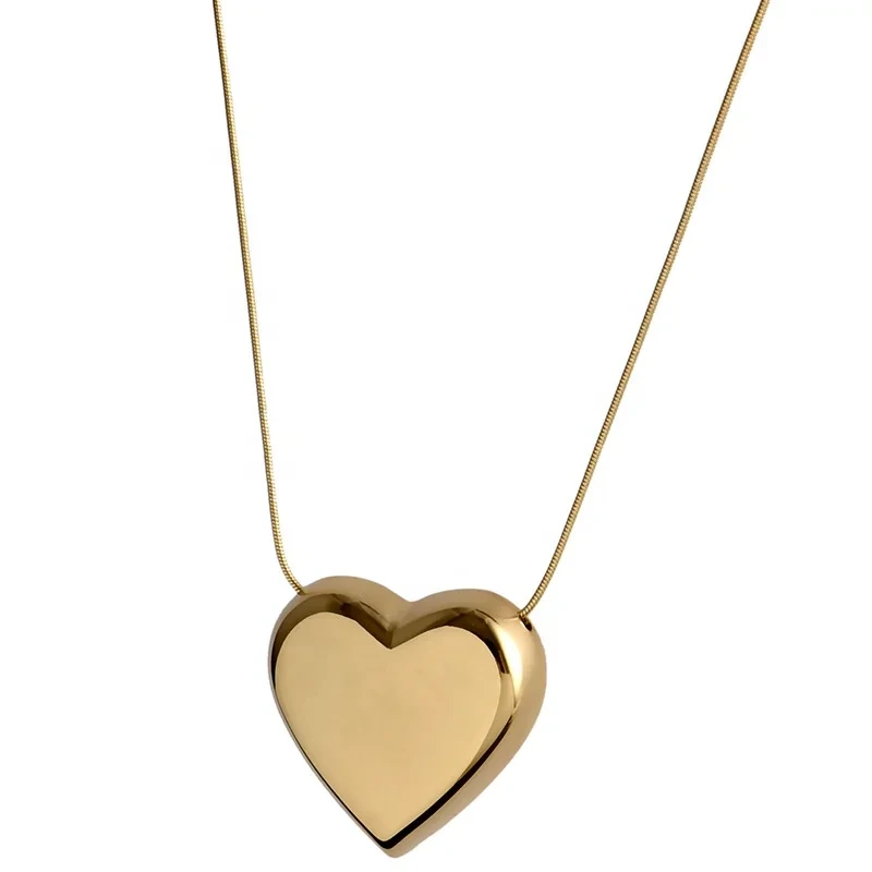 Fashion Titanium Steel 14k Gold Plated Real Big Gold Heart Pendant Chain Necklace 1
