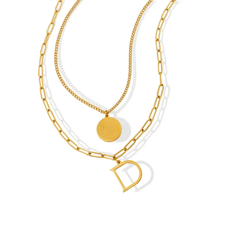 Double Layer Good Luck Coin Pendant Necklace Letter D Gold Pendant Necklace Titanium Steel Stackable Necklace 1