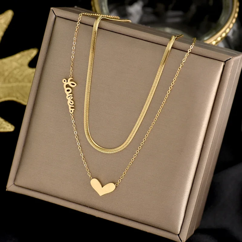 Simple 316l Titanium Steel Snake Chain Love Heart Double Layer Necklace 1