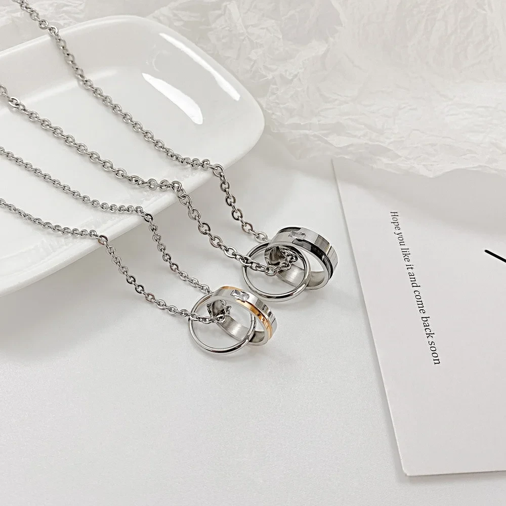 Jewelry Wholesale Simple Fashion Trendy New Stainless Steel Geometric Double Rings Couple Necklaces 1