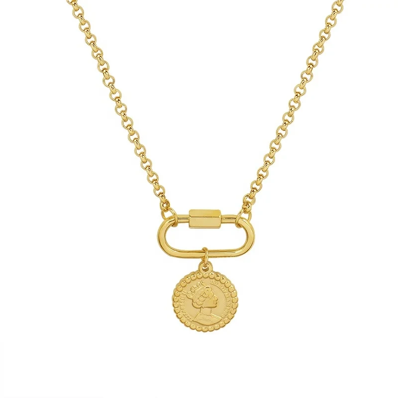 High Quality Fashion 18k Gold Filled Stainless Steel Rectangle Street Geometric Figure Round Coin Pendant Necklace 1