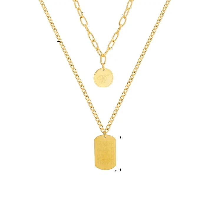 18k Gold Plated Titanium Steel Chain Hip Hop Square Brand Round Brand Pendant Stackable Necklace 1