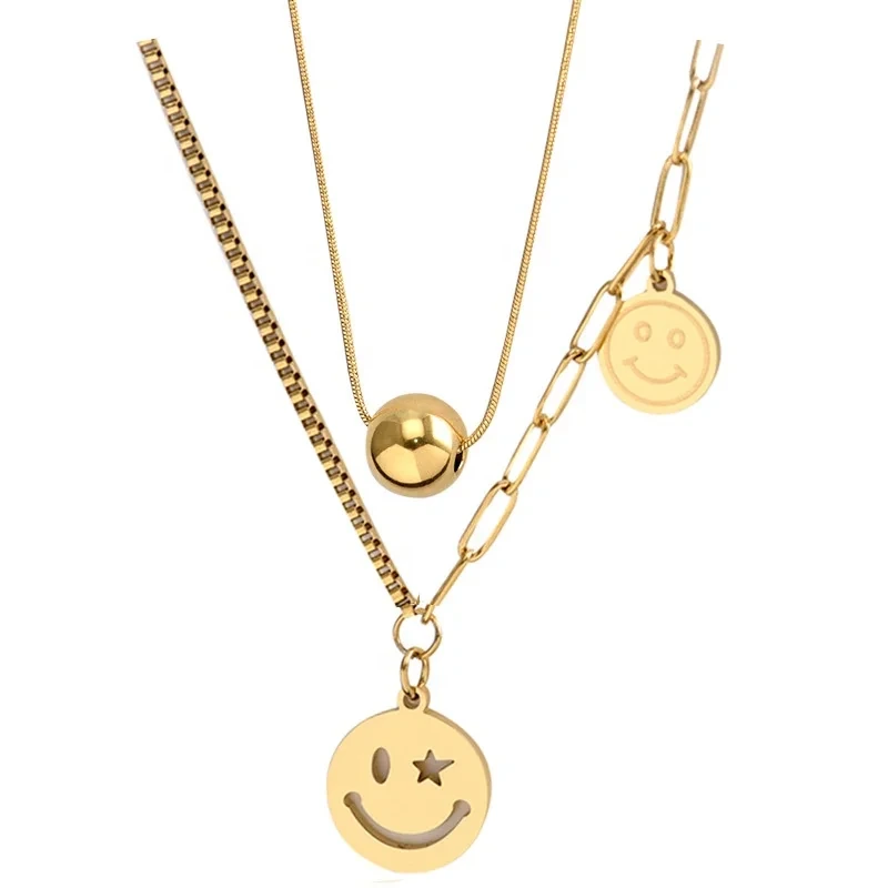 Fashion 18k Gold Plated Smiley Face Necklace Double Layered Necklace Stainless Steel Long Necklace For Woman 1