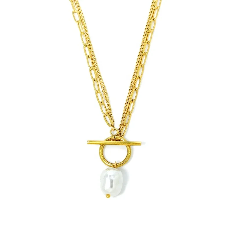 Wholesale New 18 K Gold Double-layer Necklaces,Baroque Pearl Necklaces Stainless Steel Cheap Pearl Necklace 1