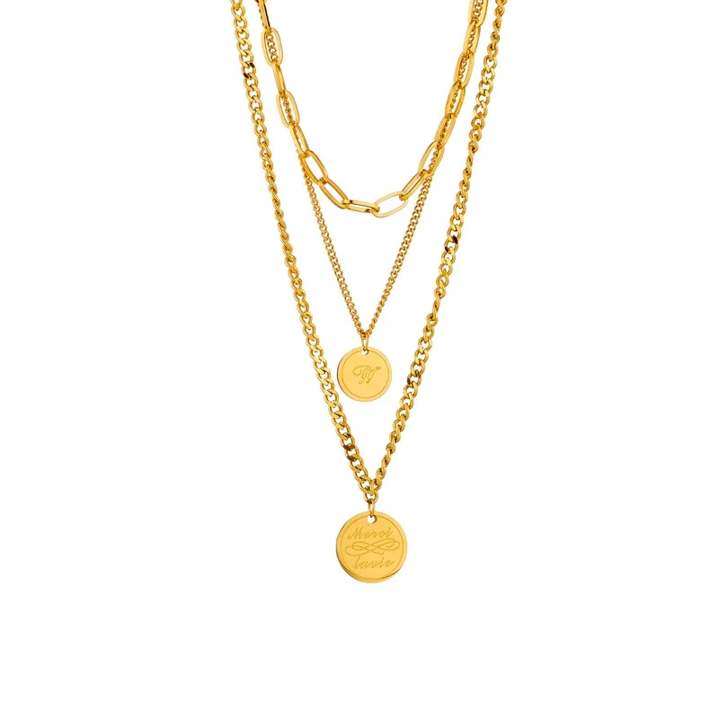 18k Gold Plated Multi-layer Retro Layered Metal Titanium Steel Engraved Circular Pendant Jewelry Stack Necklace 1