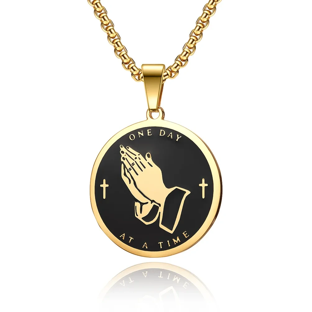 Prayer Hand Pendant Stainless Steel Men Jewelry Necklace Prayer Gesture Titanium Steel Gold Plated Necklace 1