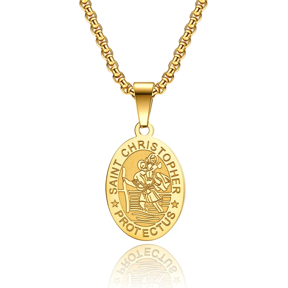 Fashion Saint Christopher 18k Gold Plated Necklace Titanium Steel Men Pendant Wholesale Stainless Steel Men Necklace 1