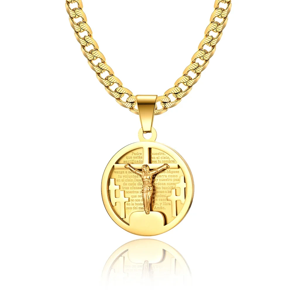 Hip Hop Exaggerated Round Cross Brand Cuban Necklace 18k Gold Plated Fashion Pendant Wholesale Stainless Steel Jewelry 1