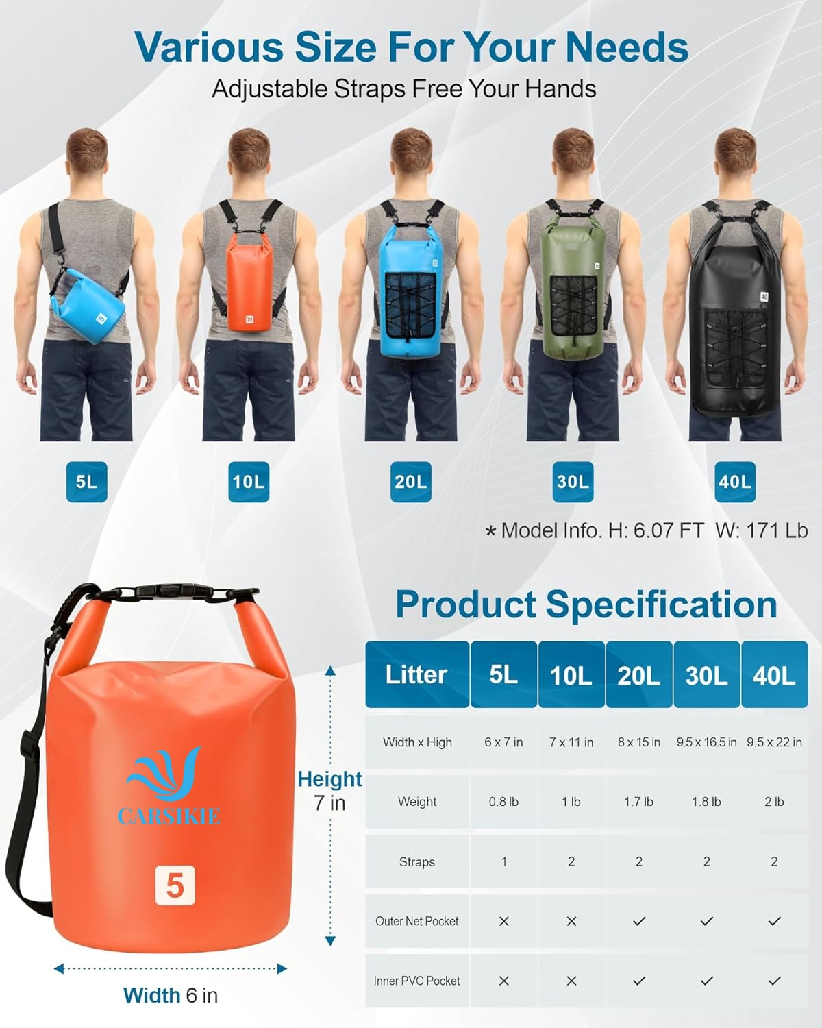 Custom Logo Orange 5L Camping Ocean PVC 600D TPU Waterproof Dry Bag JA053 4