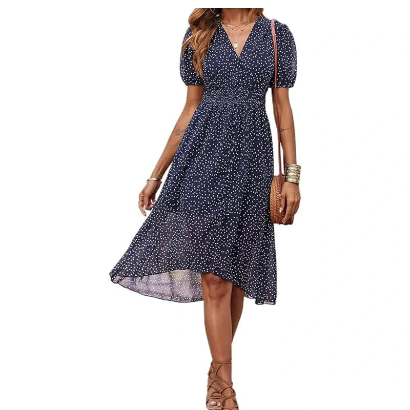Vestido de verano floral de manga corta con cuello en V y línea A para mujer 1