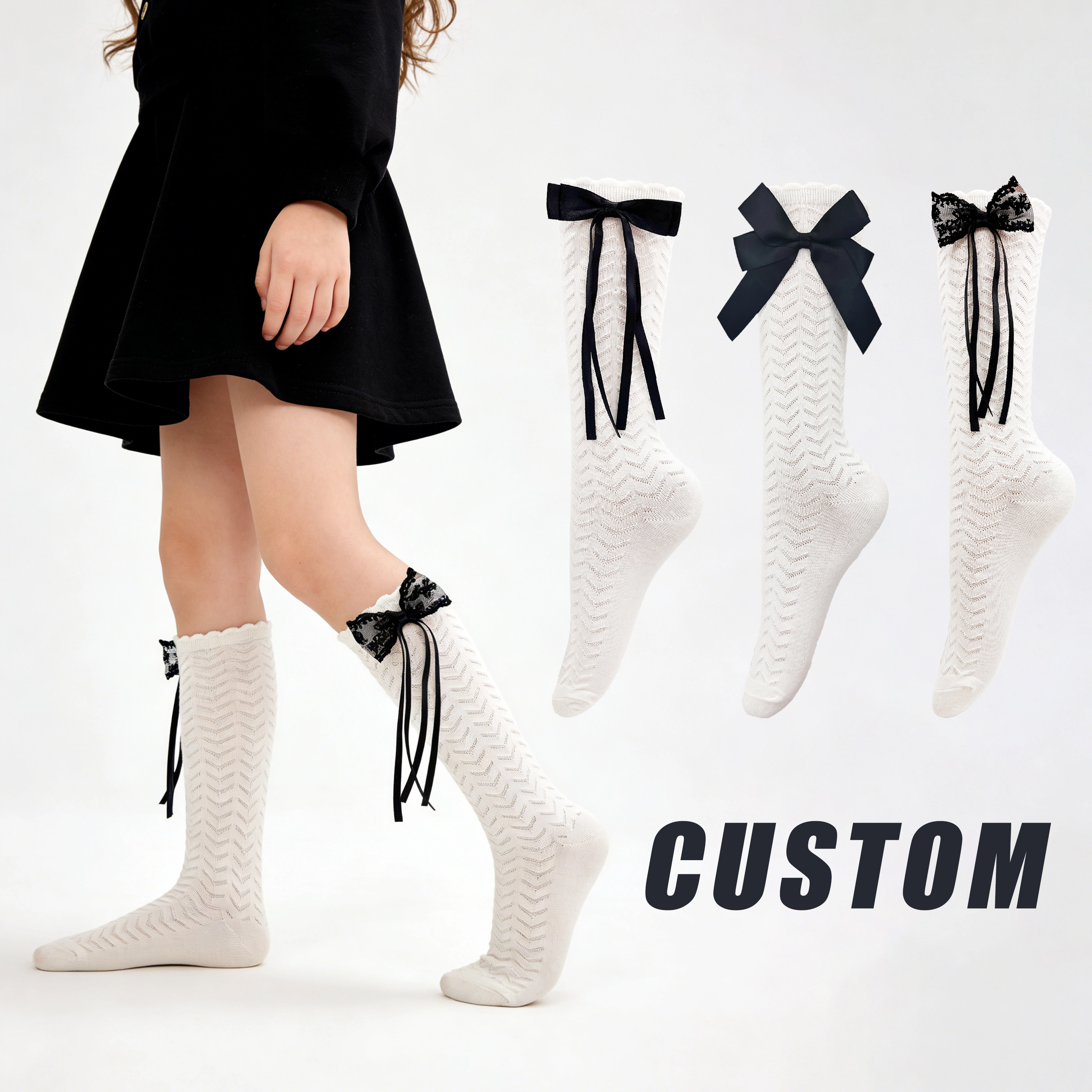 Custom Calf Dress Socks for Kids with Bow Tie Ruffled Design Breathable Knitted Socks for Summer HYC-147 1
