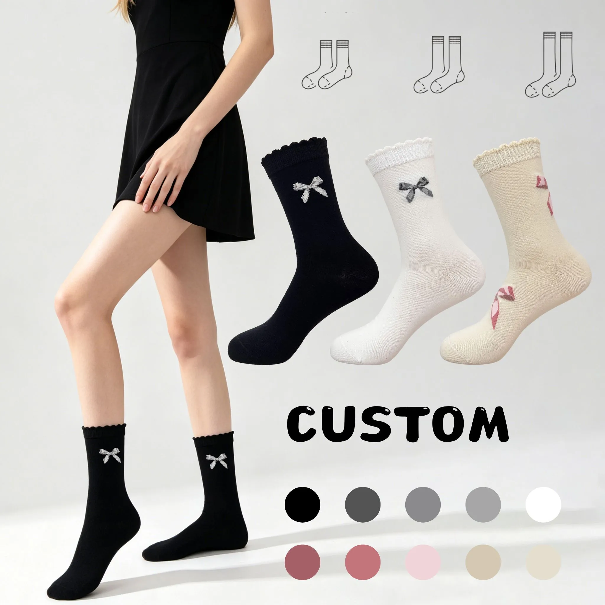 Chaussettes en coton tricoté personnalisées pour femmes, idéales pour le printemps et l'été. Chaussettes respirantes à volants HY-W-127 1