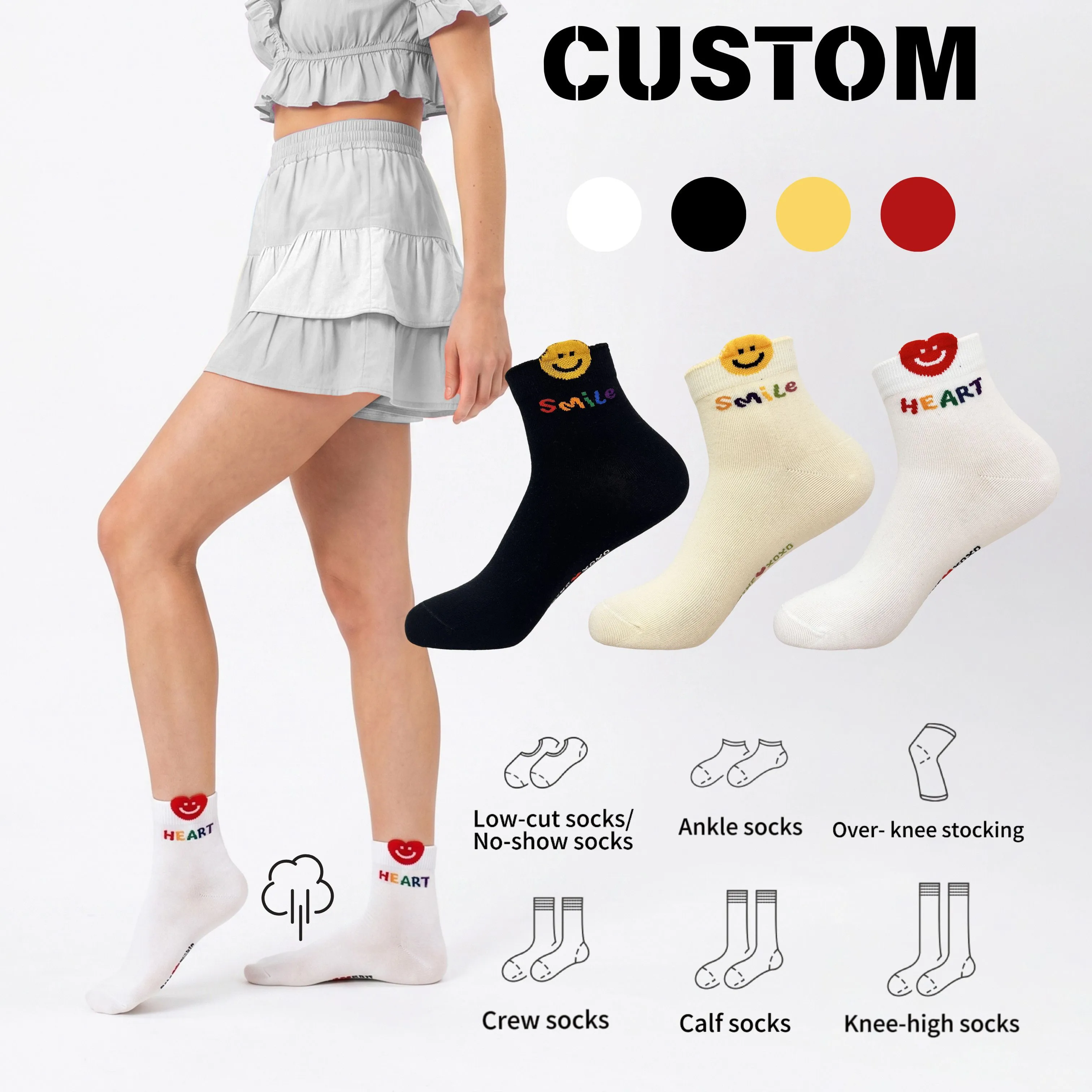 Chaussettes basses personnalisées pour femmes, douces et respirantes, à motif visage souriant, pour un usage quotidien - HY-W-132 1