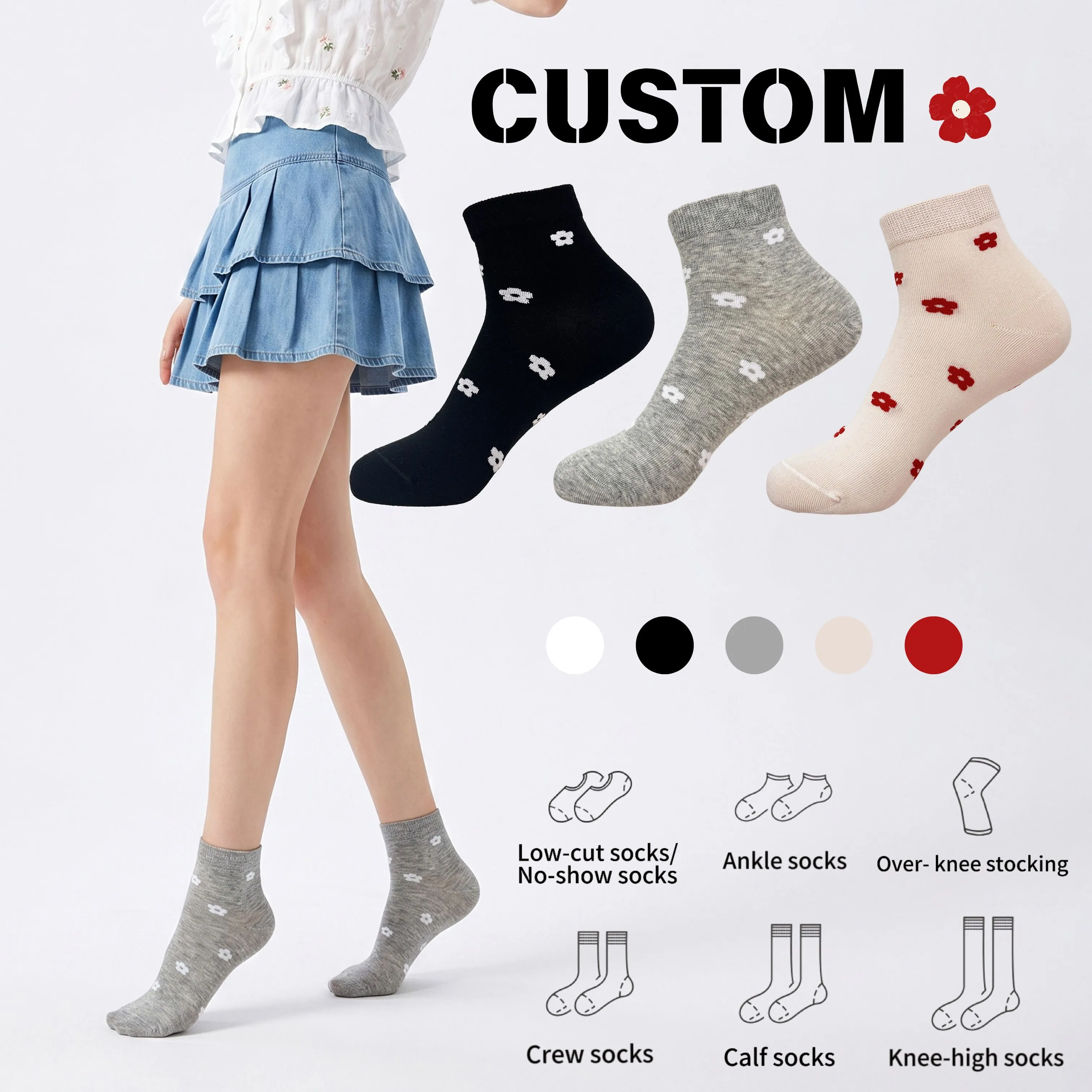 Custom Ankle Socks Women Breathable Knitting Socks for Spring Summer Flower Pattern HY-W-134 1