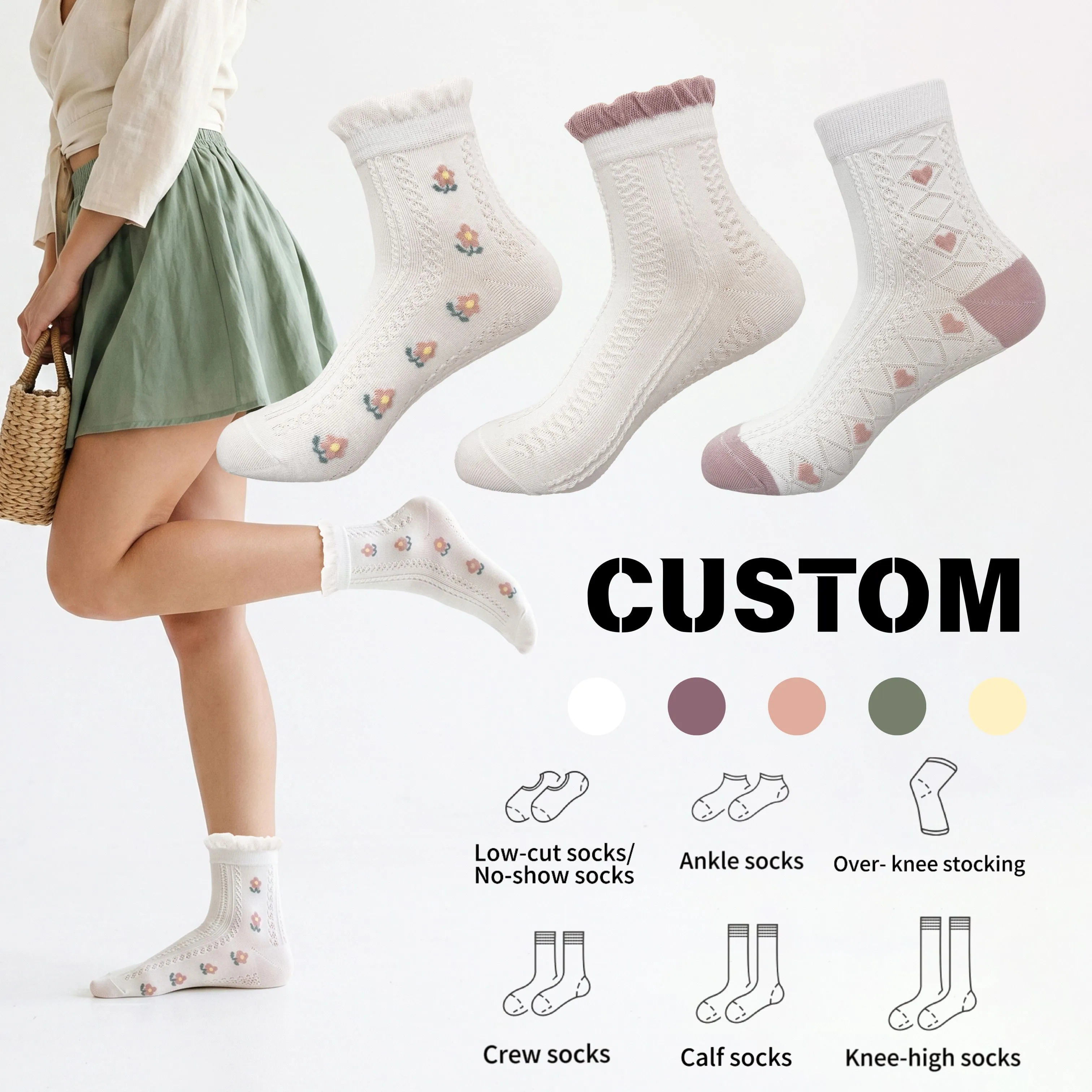 Custom Women Crew Thin Summer Daily Breathable Mesh Solid Cotton Knitting Socks HY-W-135 1
