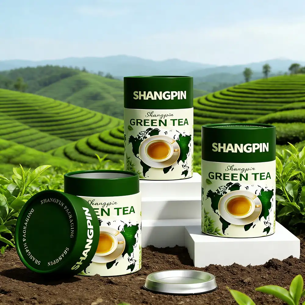 عبوة شاي أسطوانية قابلة للتحلل الحيوي من سبرينت باكيدج، مصنوعة من ورق كرافت مخصص، تُستخدم كهدية، ويمكن إعادة تدويرها لتغليف الشاي والقهوة والبسكويت. أنبوب ورقي للشاي 1