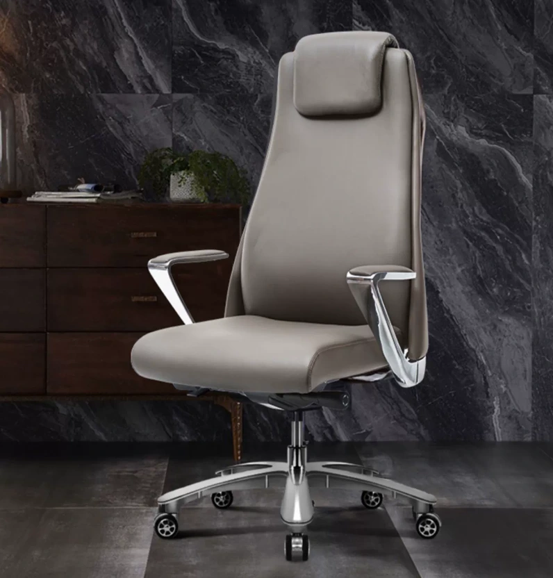 Silla de negocios de piel sintética gris, giratoria y elevable, para sentarse cómodamente a largo plazo 1