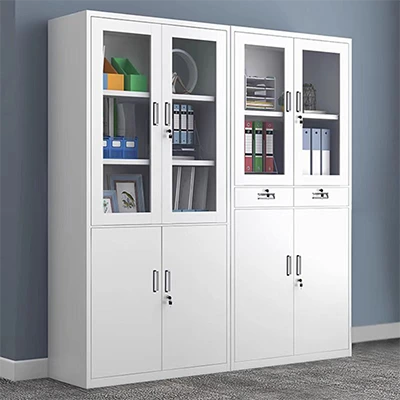 Archivo de acero moderno con puertas de vidrio | Solución de almacenamiento de oficina con cajones cerrables 1