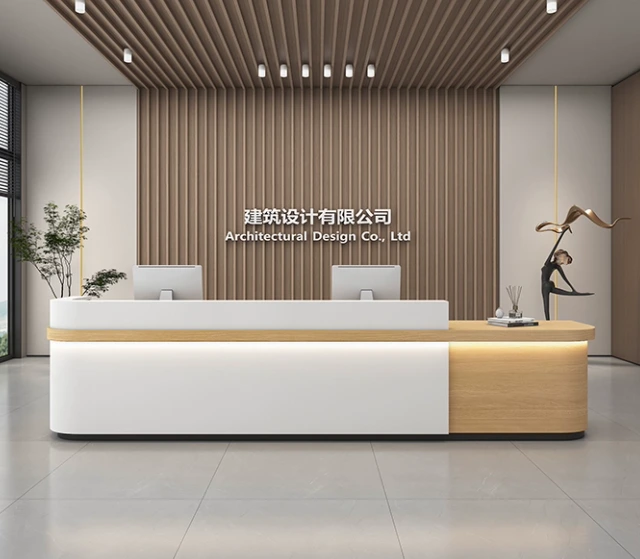 Mostrador de recepción de hotel resistente, hecho a medida, con colores personalizados y lacado de piano - Mobiliario de hotel premium 1