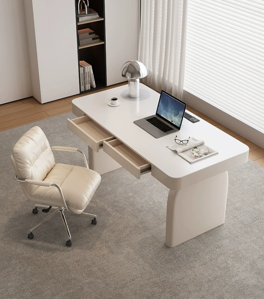 Conjunto de escritorio y silla de madera maciza color crema, escritorio minimalista blanco para computadora en habitación de hotel, escritorio para consultorio médico estético 1