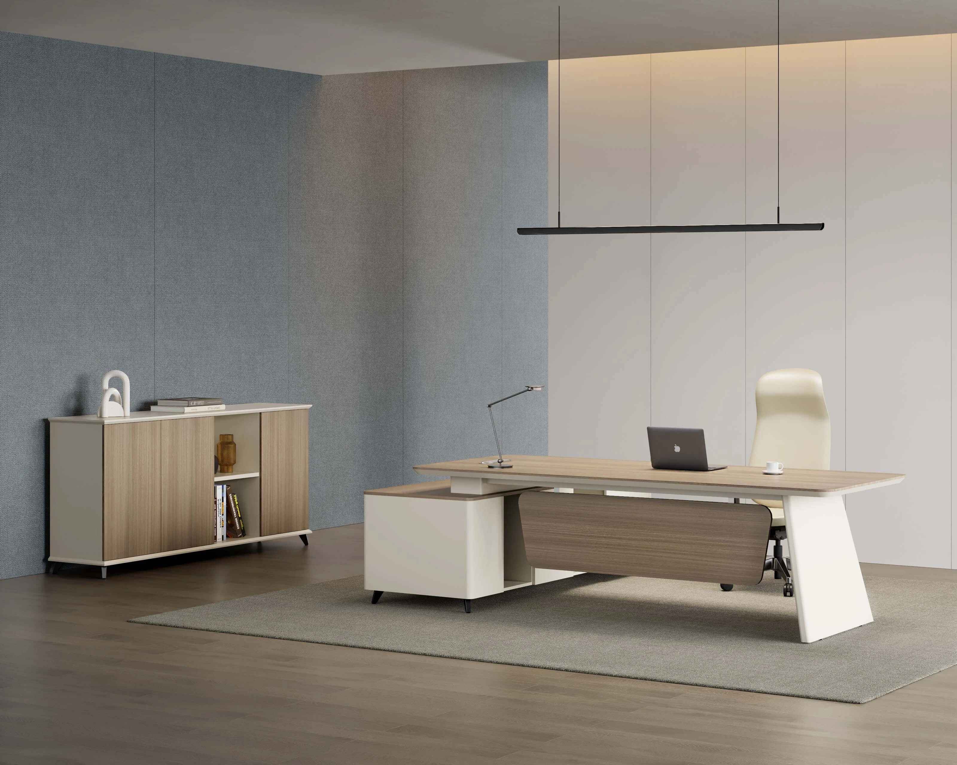 Keimo Series Modern Executive Desk with L-Shaped Return and Storage Cabinet 1