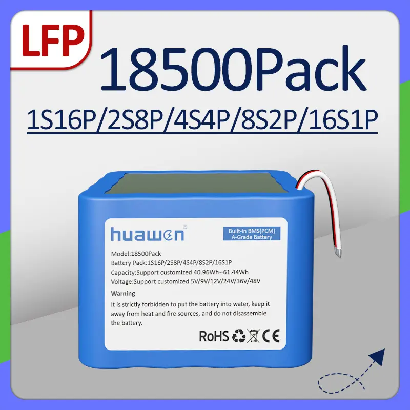 Custom 1S16P/2S8P/4S4P/8S2P/16S1P IFR18500 LFP LiFePO4 Battery Pack Solution 1