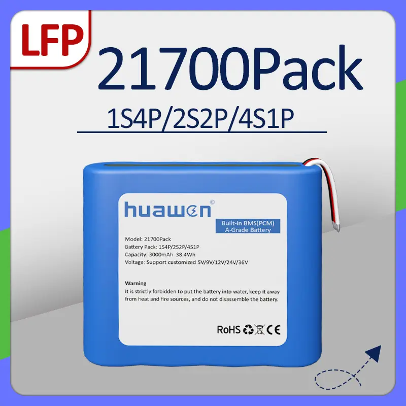 حزمة بطارية 1S4P / 2S2P / 4S1P LFP21700 LiFePO4 مخصصة مع حل BMS 1
