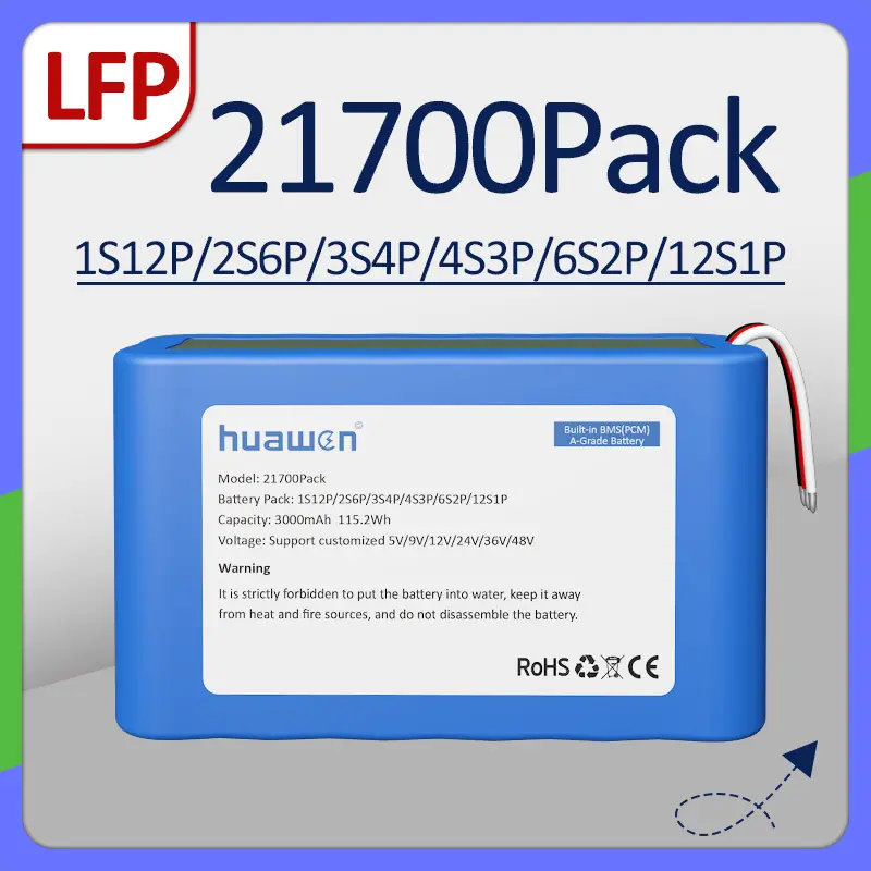 حزمة بطارية 1S12P/2S6P/3S4P/4S3P/6S2P/12S1P LFP21700 LiFePO4 مخصصة مع حل BMS 1