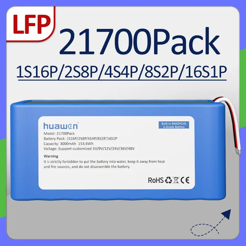 حزمة بطارية 1S16P / 2S8P / 4S4P / 8S2P / 16S1P LFP21700 LiFePO4 مخصصة مع حل BMS 1