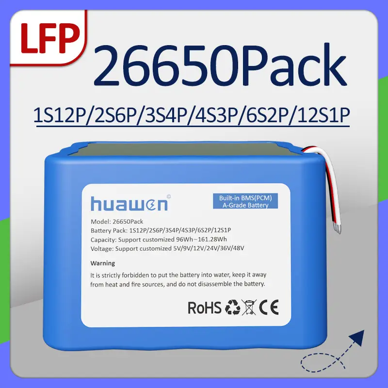 Изготовленный на заказ аккумуляторный блок 1S12P/2S6P/3S4P/4S3P/6S2P/12S1P LFP26650 LiFePO4 с решением BMS 1