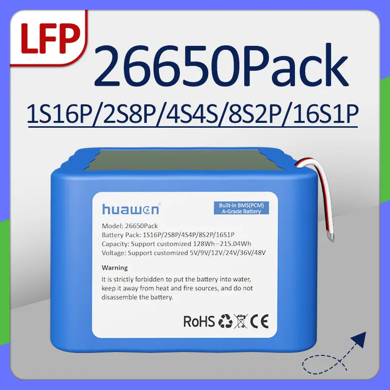 Изготовленный на заказ аккумуляторный блок 1S16P/2S8P/4S4P/8S2P/16S1P LFP26650 LiFePO4 с решением BMS 1