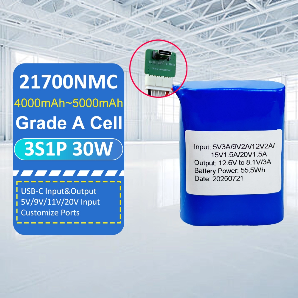 3S1P INR21700 11.1V5Ah 30W Type-C Lithium ion Battery Pack With PCM/Cable/Connector 1