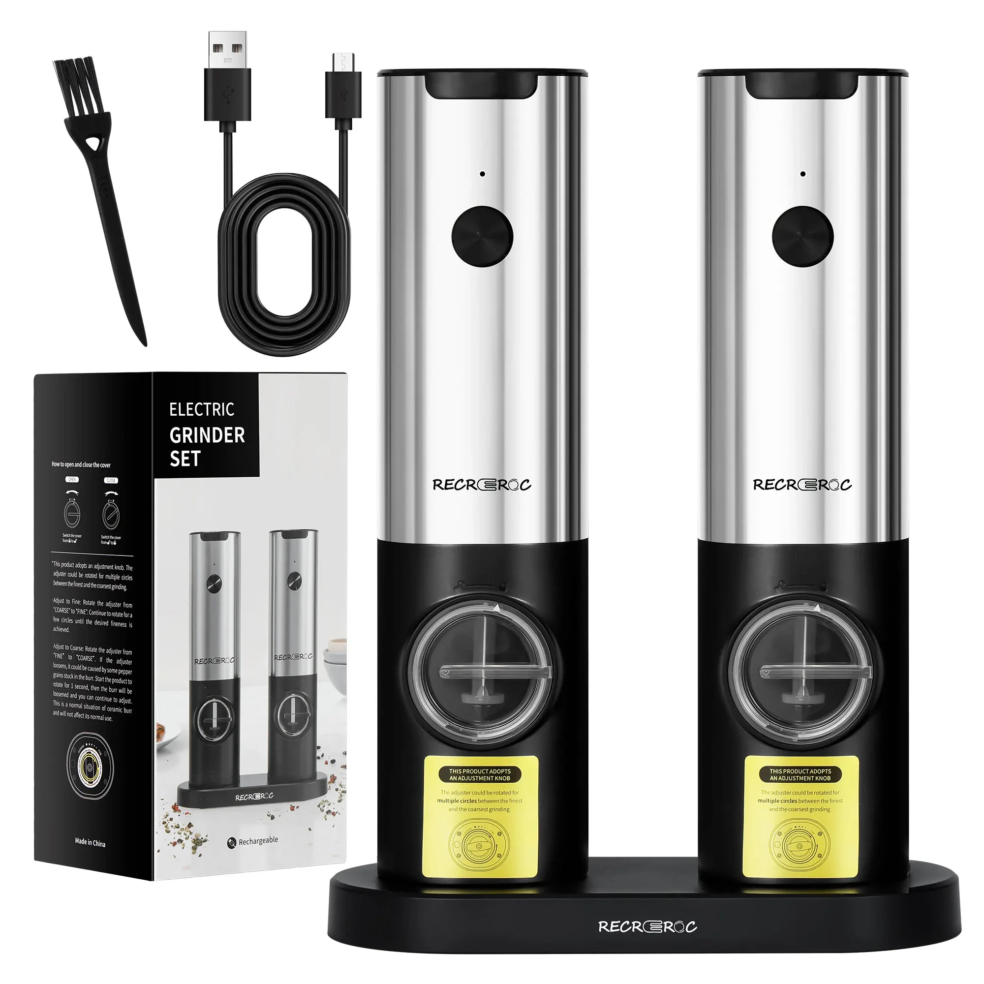 Juego de molinillo de sal y pimienta recargable por Usb, finura ajustable con luz Led, juego de molienda automática de gran capacidad 1