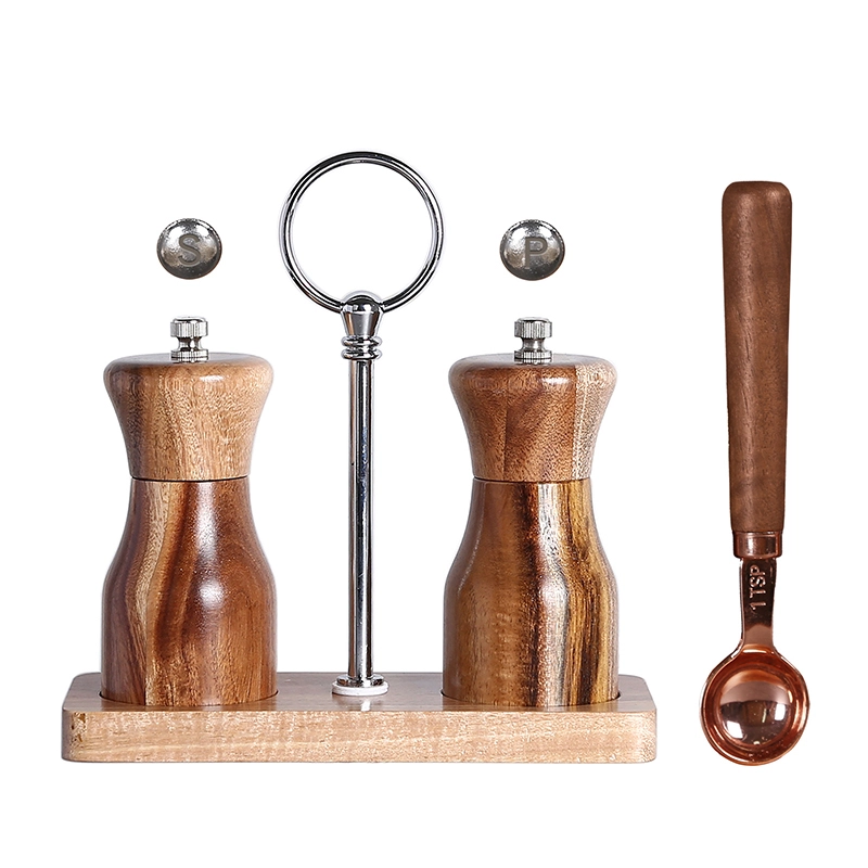 Ajustable Ceramic Rotor Salt and Pepper Grinder Set t with Wood Spoon and Holder Tray 1