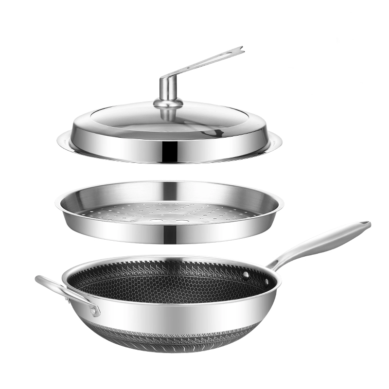 I-304SS Honeycmb Coating All-Steel Wok 32cm I-Multi-fuction Frying Pan ne-Steam Enesivalo Esibonakalayo Nespatula Sensimbi Engagqwali 1