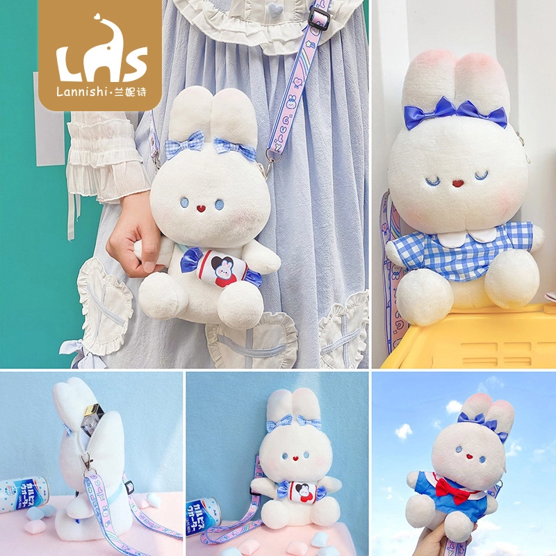 Delicious White Rabbit Series Blue Blue Crossbody Kids Plush Bunny Shoulder Storage Bag RANHONG 1