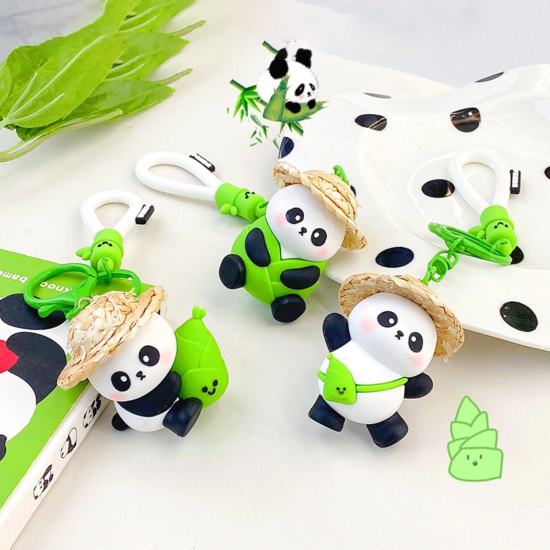 Silicone Cuddle Panda Series Hand Rope Clasp Panda Spring Bamboo Shoots Keychain Accessories Straw Hat Panda RANHONG 1