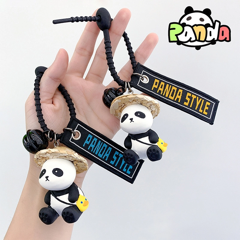 New cartoon resin straw hat panda keychain creative car ornament bag hanging doll small gifts wholesale RANHONG 1
