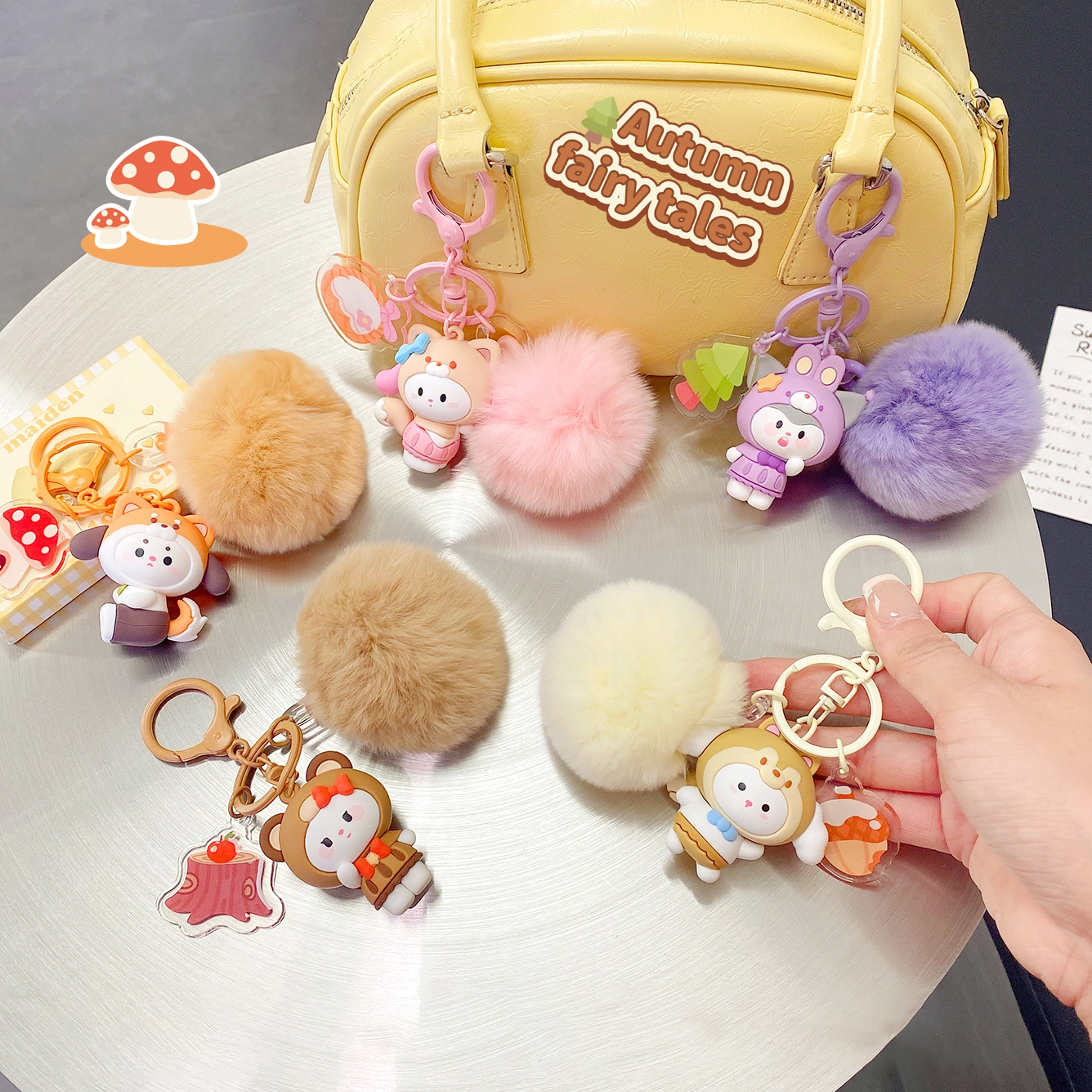 Ranhong Cute Girl Autumn Forest Fairy Tale Bear PVC Rubber Keychain Female Hairball Pendant Sweet Cartoon Design Made Plastic 1