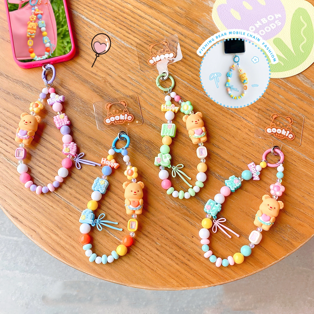 Ranhong Cute Bear Beaded Keychain New DIY Cream Apron Phone Chain for Girls PVC Light Keychain Cartoon Shape Heart Bag Pendant 1