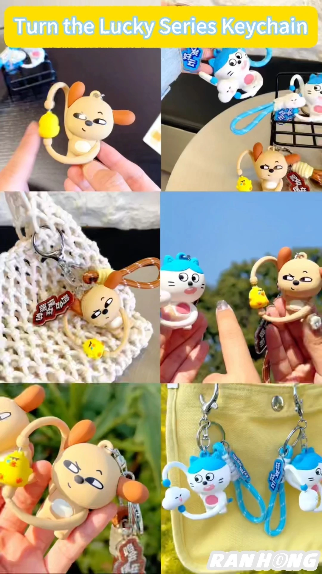 Ranhong Exquisite Female Cat and Dog PVC Keychain Light Cartoon Backpack Pendant for Cat and Dog Spinning Car Keychain 1