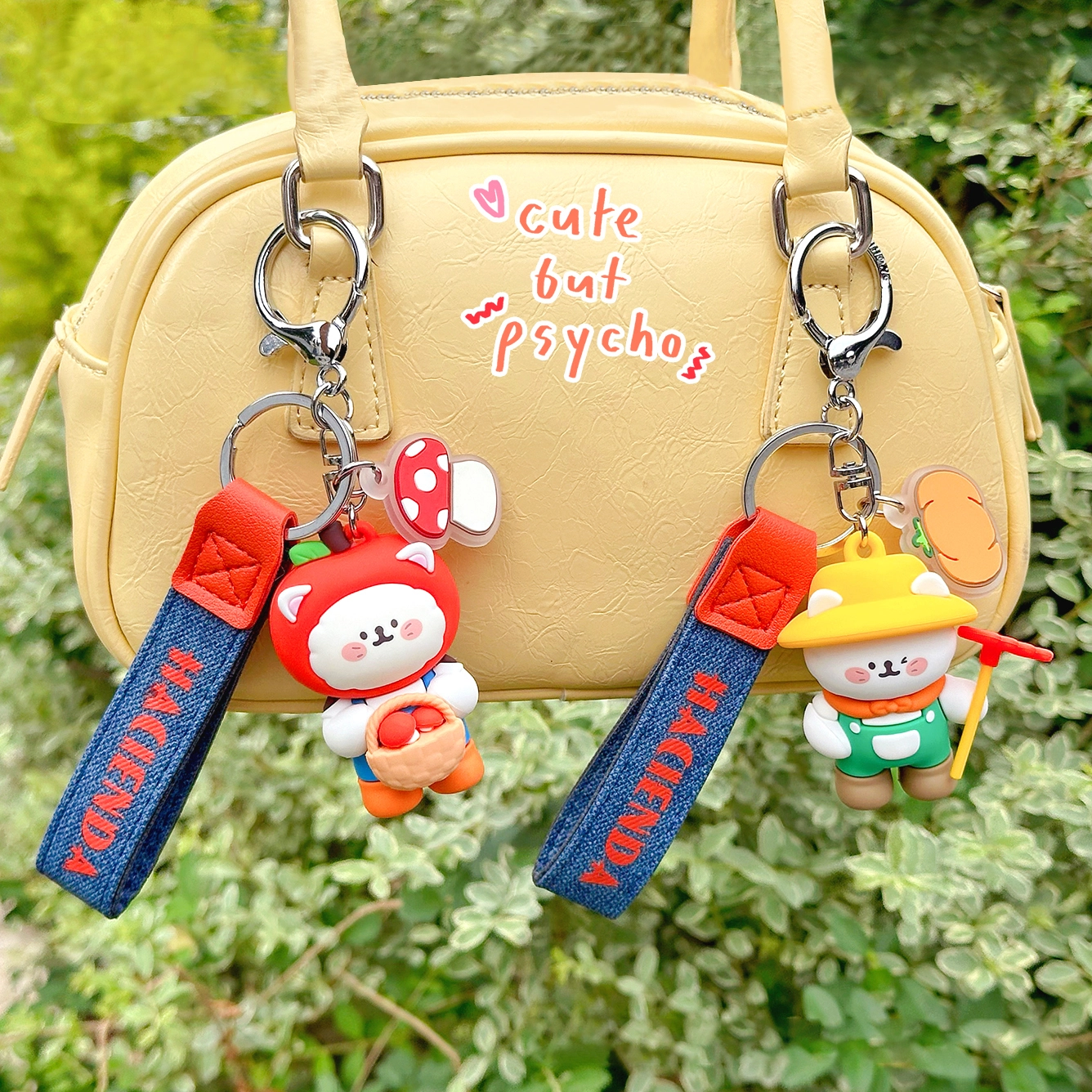 Ranhong Cute Happy Farm Cat Manor Keychain PVC Cartoon Girl & Boy Bag Pendant with Light Rubber Hand Rope Buckle 1