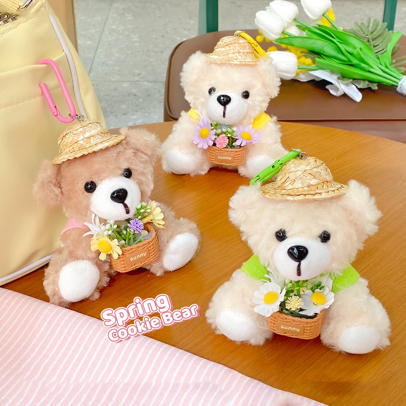 Ranhong Cute Female Car Tail Hanging Small Holiday Flower Basket Decorative Accessories Biscuit Bear Fabric Plush Key Chains 1